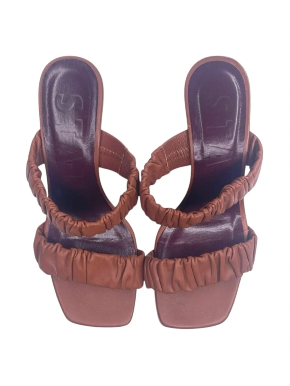 Staud 𒀭 Frankie Ruched 2 Strap Wedge Heel Sandals 𒀭Brown Leather 𒀭36 5.5M 6M